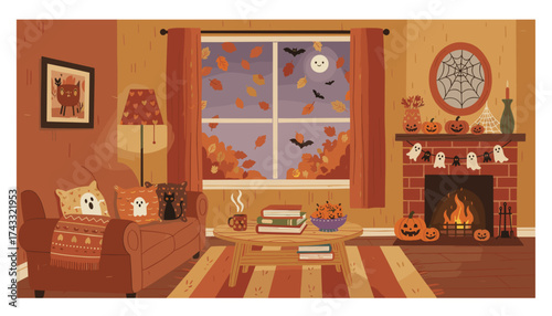 Cozy Halloween living room with fireplace pumpkins and autumn window view Perfect for fall
