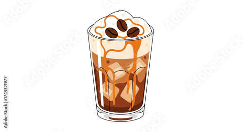 Illustration of iced coffee with whipped cream caramel drizzle and coffee beans garnish