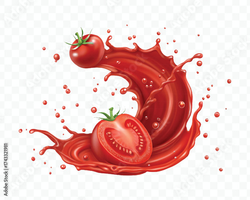abstract 3d red tomato juice or ketchup sauce splashes in different style isolated on transparent background	