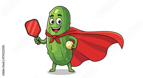 The delightful superhero pickle character ready for an exciting pickleball match action