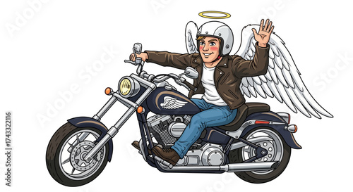 Cartoon illustration of an angel biker riding a motorcycle with wings and a halo on a white backdrop