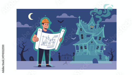 Architect with blueprints for renovating a spooky haunted house Halloween project concept