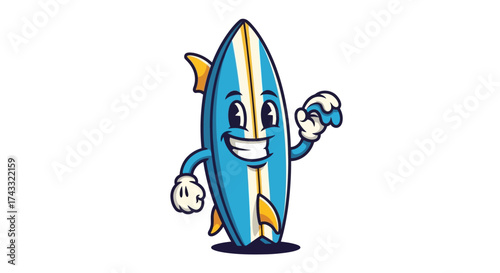 Cheerful Surfboard Character Waving, Ready for Summer Fun and Beach Adventures