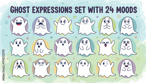 Adorable cartoon ghost character emotions set on a whimsical background Fun for designs
