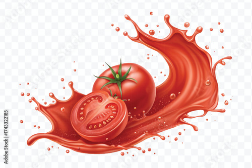 abstract 3d red tomato juice or ketchup sauce splashes in different style isolated on transparent background	