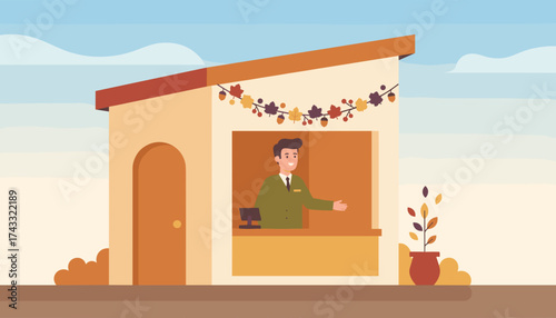Welcoming attendant at an autumnthemed outdoor booth offers friendly customer service and hospitality
