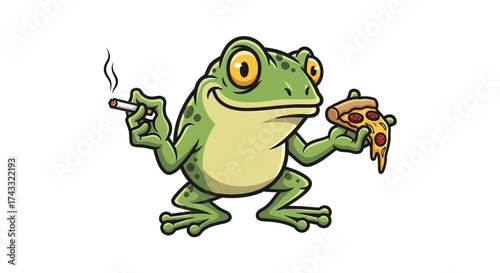 A Cartoon Green Frog Smoking a Cigarette While Holding a Slice of Pizza With Cheese Cartoon
