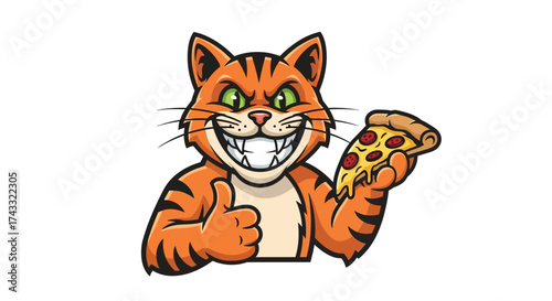 Cartoon orange cat character holding pizza slice and giving thumbs up with a smile