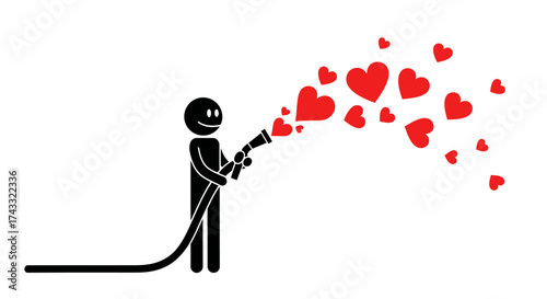 Stick figure spreading love with a heart spraying gun creating a romantic visual metaphor