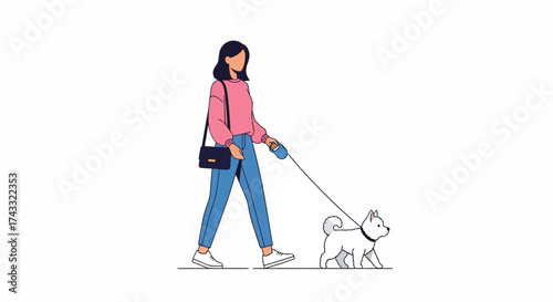 Flat vector illustration of a woman walking a dog on a leash, depicting modern urban lifestyle and