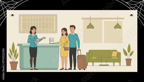 Friendly hotel receptionist welcoming a happy couple with luggage at checkin counter