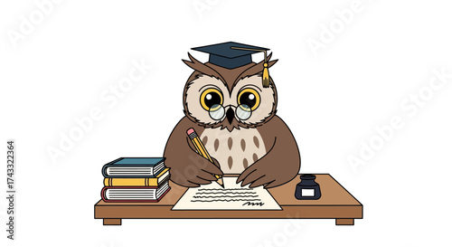 Cartoon owl wearing a graduation cap writing at a desk with books and inkwell isolated