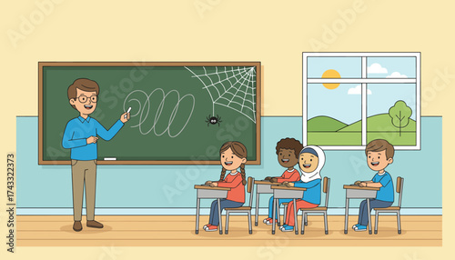 Diverse children happily learn in a classroom with their teacher promoting education and inclusivity