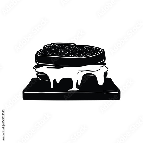 Hand drawn black and white illustration of a delicious sandwich with dripping cheese on a wooden board
