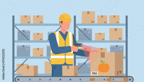 Warehouse worker scanning a package on a conveyor belt for efficient logistics and delivery
