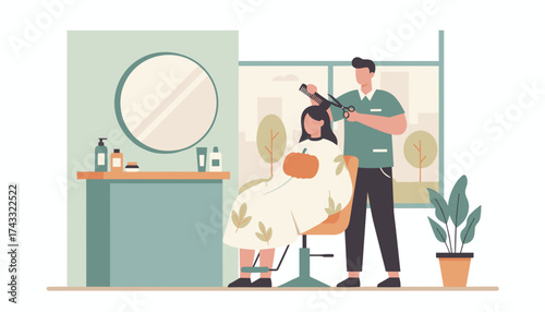 Hairdresser styling womans hair in a modern salon autumn theme Beauty selfcare professional service