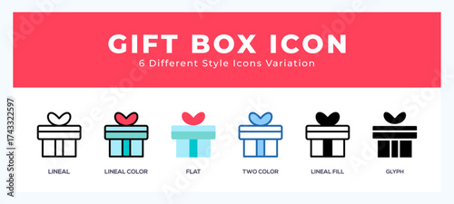 Gift box icon set with different styles. Vector illustration.