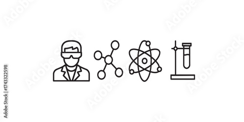 Print  Modern chemistry research icons – scientist with goggles, molecular diagram, atom model, experiment setup – bold outline vector, isolated. 1