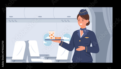 Smiling flight attendant serves pumpkin spice drink and snack on airplane Travel comfort service