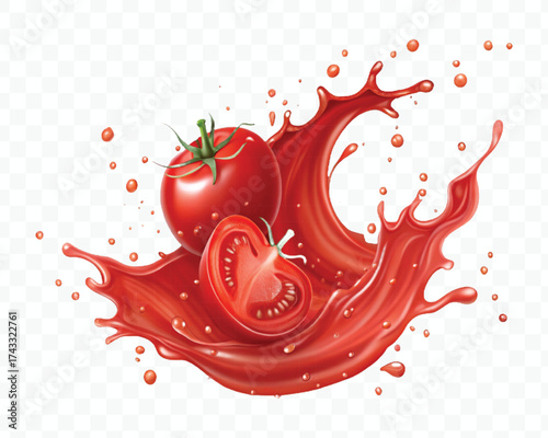abstract 3d red tomato juice or ketchup sauce splashes in different style isolated on transparent background	