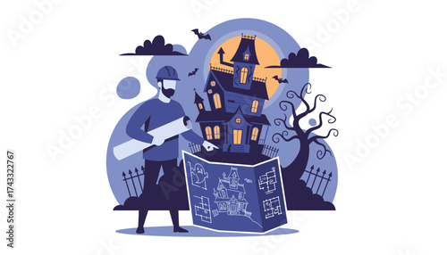 Architect designing a spooky haunted house under a full moon perfect for Halloween fun