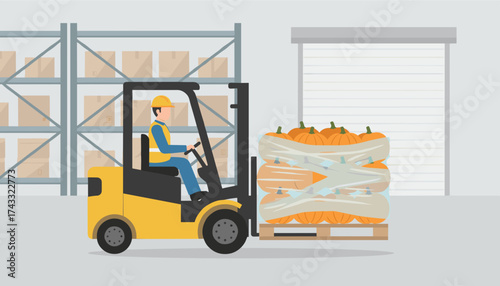 Warehouse worker operating forklift moving pallet of pumpkins Logistics and seasonal commerce