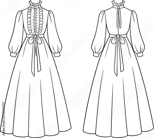 Victorian style dress illustration, long sleeves, high ruffled collar, puffed sleeves, fitted bodice, waist sash bow, floor length skirt, fashion sketch