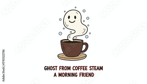 Happy ghost steam rising from a cozy coffee cup Whimsical morning beverage relaxation concept