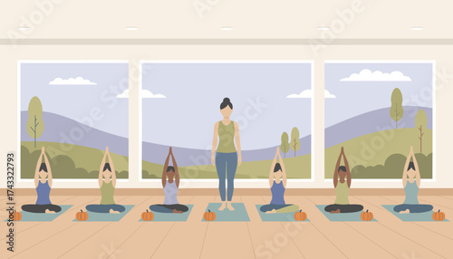 Diverse women practicing autumn yoga with instructor in a bright studio Wellness and peaceful fitness