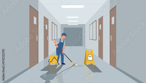Janitor mopping a wet hallway floor with a cute ghost wet floor sign showing professional cleaning service