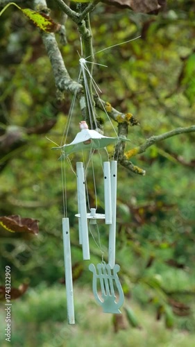 Wind Chime on WalnutTree in Autumn, Meditation and Relaxation Concept.
