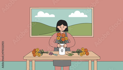 Happy woman arranging cheerful orange flowers on a table a pleasant home decor hobby