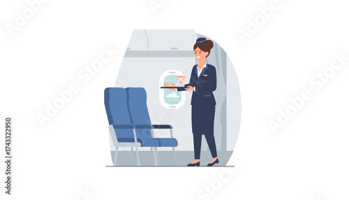 Friendly flight attendant serving meals and drinks inside an airplane cabin Travel and hospitality