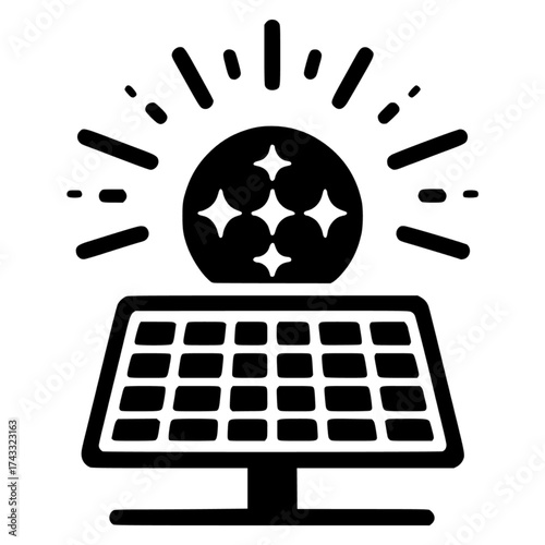 black vector icon of a solar panel with sunlight with transparent background 
