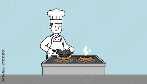 Chef cooking spooky batshaped food on a grill ideal for Halloween themes or quirky culinary fun