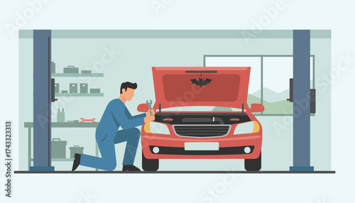 Mechanic repairing red car in auto shop Vehicle service maintenance and expert repair concept