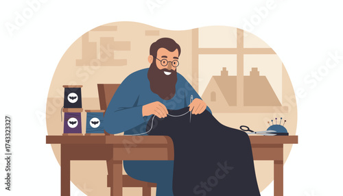 Happy bearded man sewing a dark fabric with needle and thread making a costume with bat details