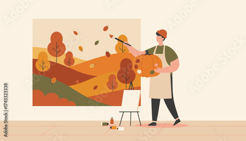 Joyful artist painting a festive pumpkin for fall season with a vibrant autumn landscape
