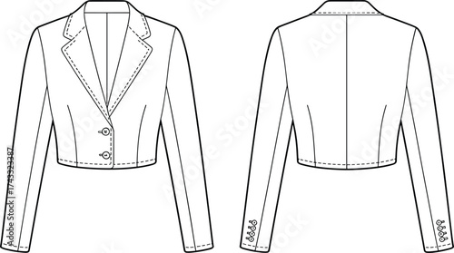 Cropped blazer jacket, technical fashion illustration, front and back view, notched lapel, fitted silhouette, garment flat sketch, apparel design template