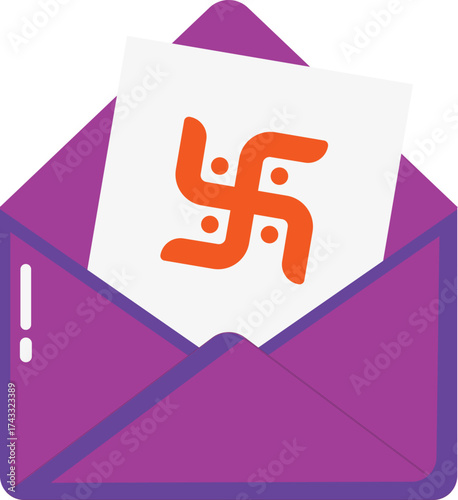 Hindu swastika symbol in purple envelope.
