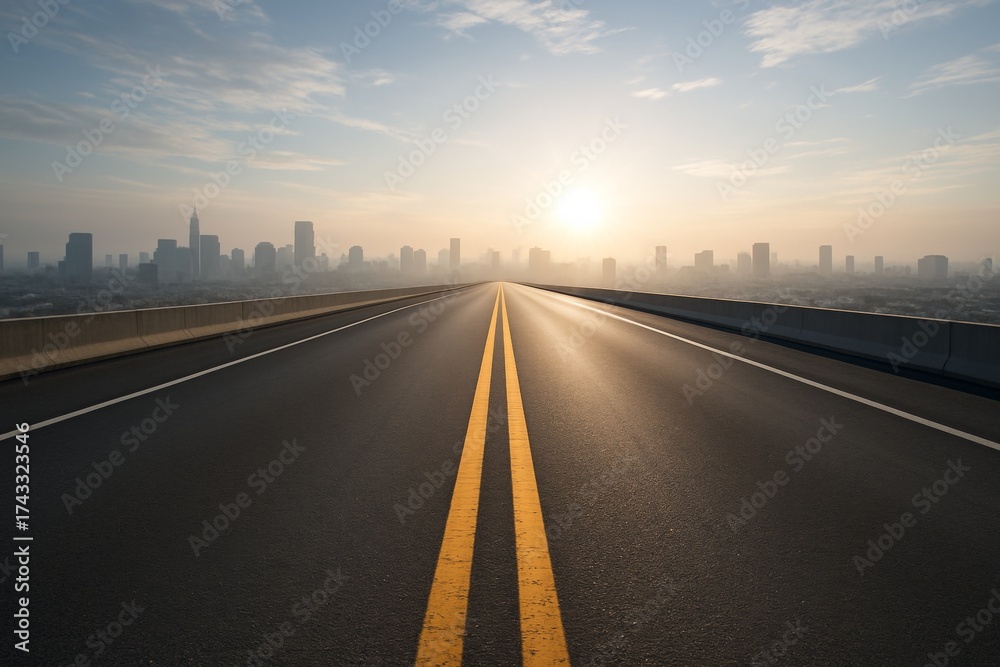 Fototapeta premium Empty highway with yellow lines leading towards sunrise and city skyline in distance, symbolizing future, journey, and modern transport concept. Ai generative