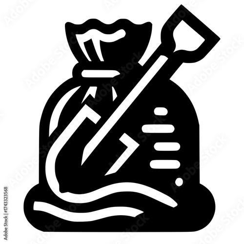 sand bag with shovel black vector icon with transparent background 