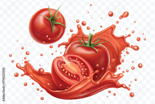abstract 3d red tomato juice or ketchup sauce splashes in different style isolated on transparent background	