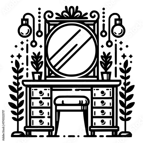 A line art furniture dressing table black vector icon with transparent background 