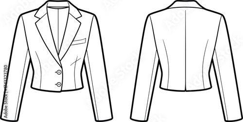 Technical fashion flat blazer illustration, cropped women’s jacket with notched lapel, tailored silhouette, front back garment construction drawing