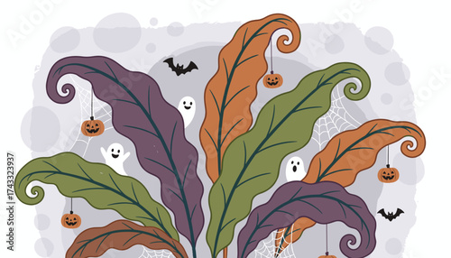 Festive Halloween illustration with cute ghosts jackolanterns bats and colorful foliage Seasonal fun