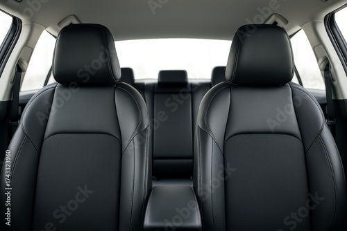 Luxurious black leather car interior seats with modern design viewed from front to back on soft focus background. Ai generative. Ai generative