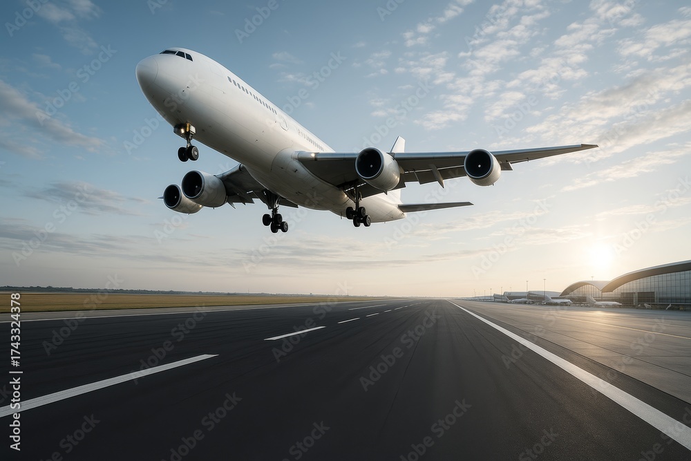 Obraz premium Large commercial airplane landing on airport runway with modern terminal buildings in view during sunrise under partly cloudy sky. Ai generative. Ai generative