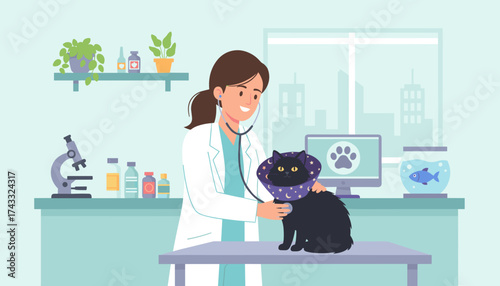 Veterinarian gently examines a black cat in a modern veterinary clinic Pet healthcare concept