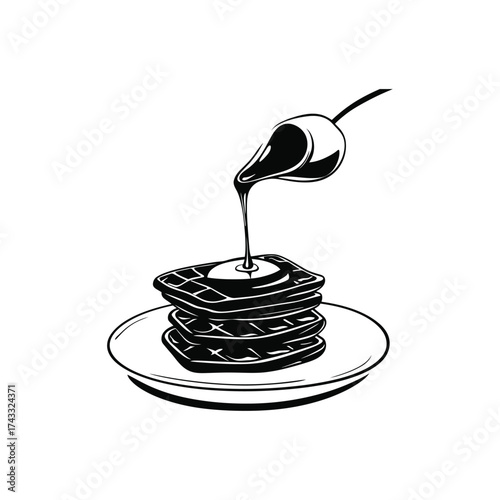Hand drawn illustration of pouring syrup onto a stack of pancakes on a plate